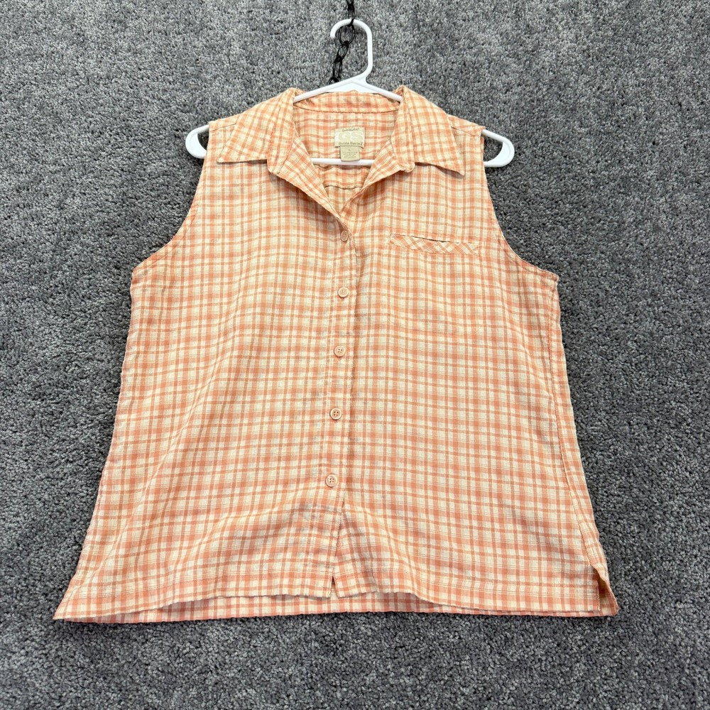 Gander Mountain GS Guide Series Sleeveless Shirt Womens Large Orange Plaid Hike